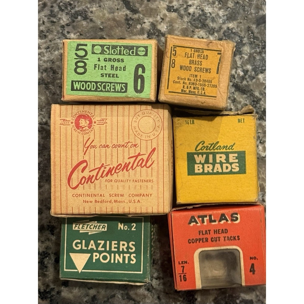 Vtg Hardware Box Lot Atlas Tacks Fletcher Glaziers Points Brass Wood Screws (a4)